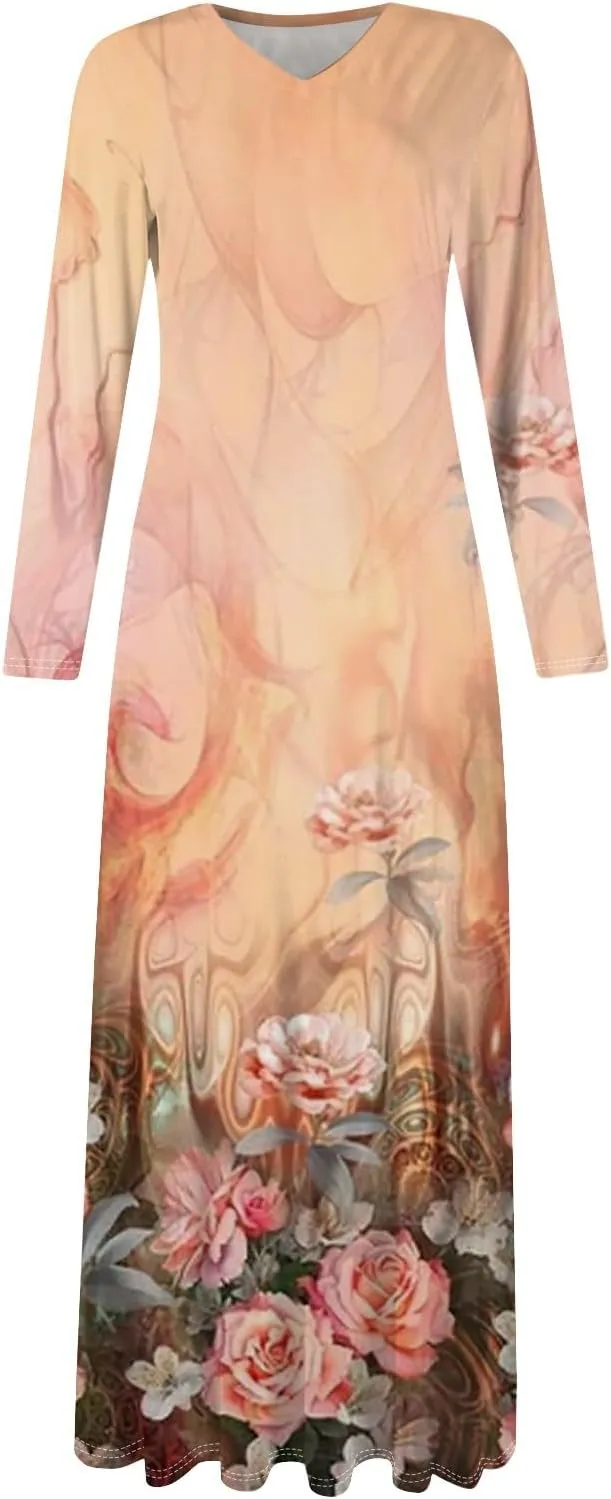 ZEFOTIM Womens Long Sleeve Dresses Floral Dress Plus Size Summer Dresses Maxi Dress V Neck Dresses Plus Size Spring Dresses