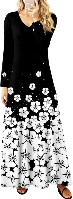 ZEFOTIM Womens Long Sleeve Dresses Floral Dress Plus Size Summer Dresses Maxi Dress V Neck Dresses Plus Size Spring Dresses
