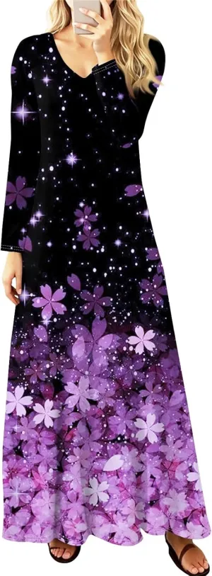 ZEFOTIM Womens Long Sleeve Dresses Floral Dress Plus Size Summer Dresses Maxi Dress V Neck Dresses Plus Size Spring Dresses