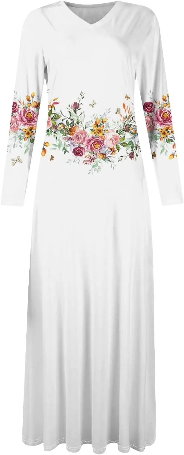 ZEFOTIM Womens Long Sleeve Dresses Floral Dress Plus Size Summer Dresses Maxi Dress V Neck Dresses Plus Size Spring Dresses