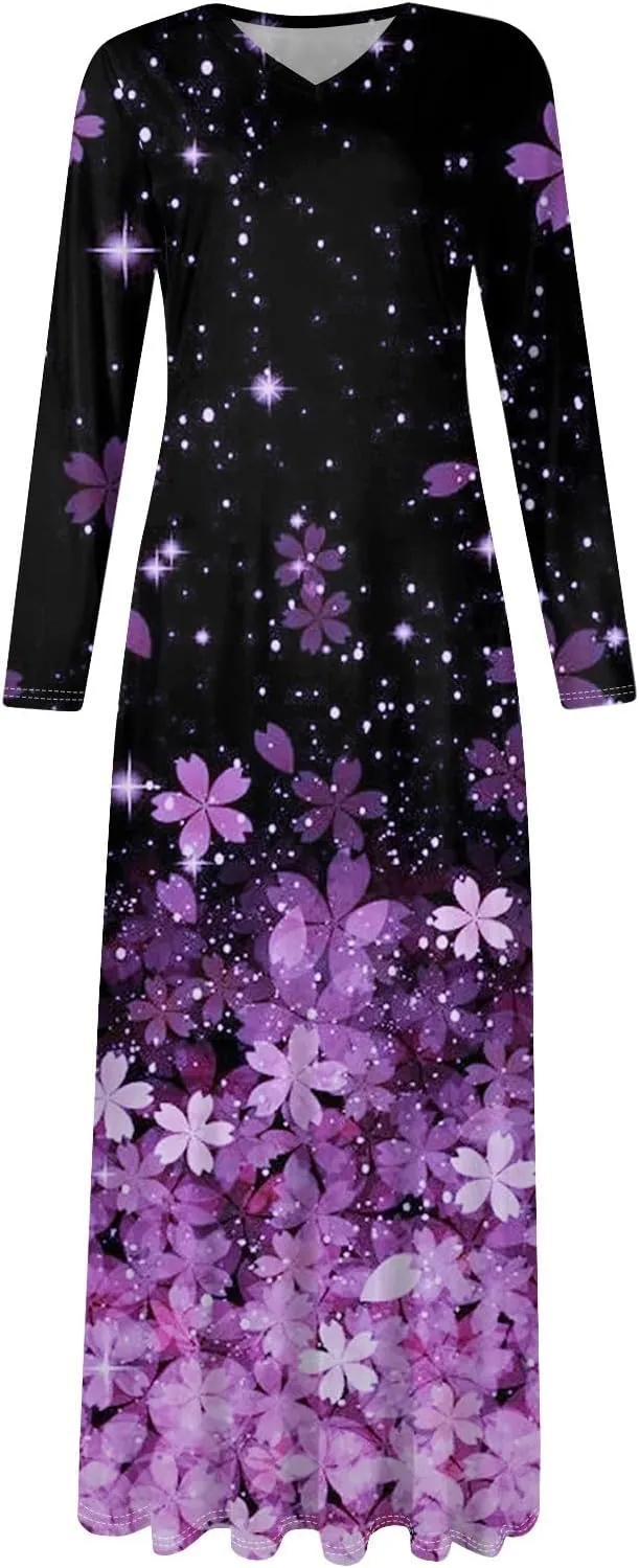 ZEFOTIM Womens Long Sleeve Dresses Floral Dress Plus Size Summer Dresses Maxi Dress V Neck Dresses Plus Size Spring Dresses