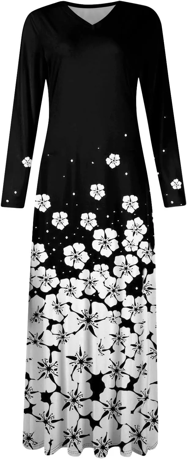 ZEFOTIM Womens Long Sleeve Dresses Floral Dress Plus Size Summer Dresses Maxi Dress V Neck Dresses Plus Size Spring Dresses