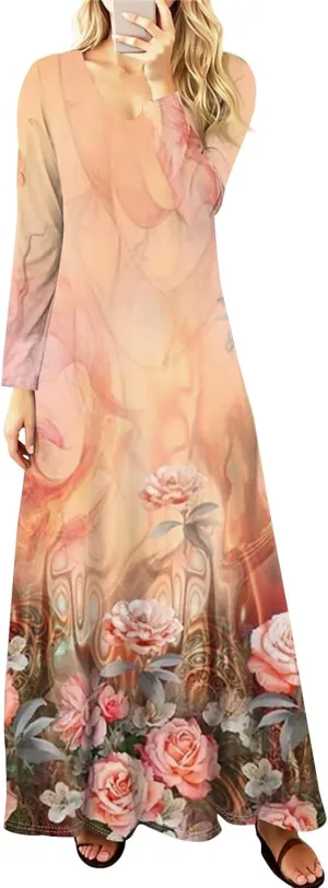 ZEFOTIM Womens Long Sleeve Dresses Floral Dress Plus Size Summer Dresses Maxi Dress V Neck Dresses Plus Size Spring Dresses