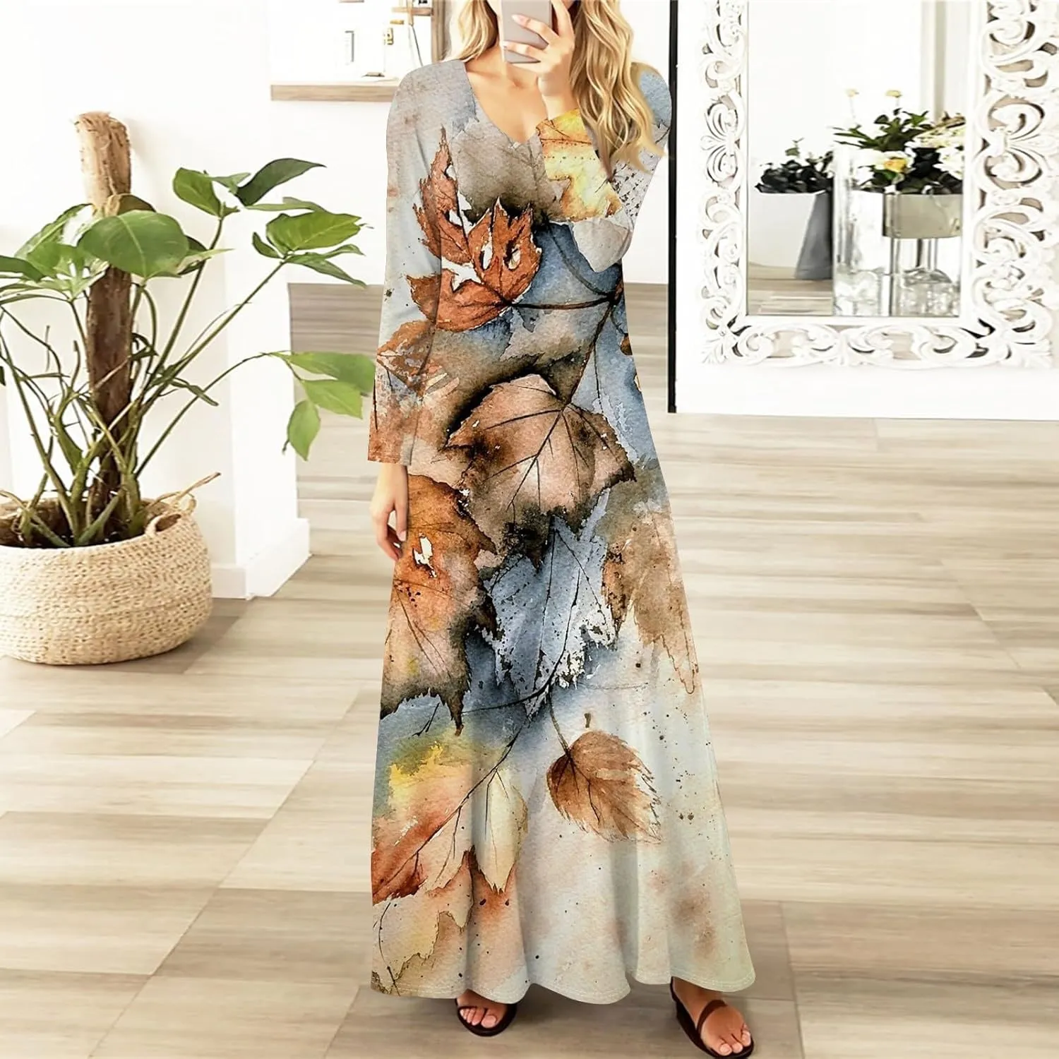 ZEFOTIM Womens Long Sleeve Dresses Floral Dress Plus Size Summer Dresses Maxi Dress V Neck Dresses Plus Size Spring Dresses