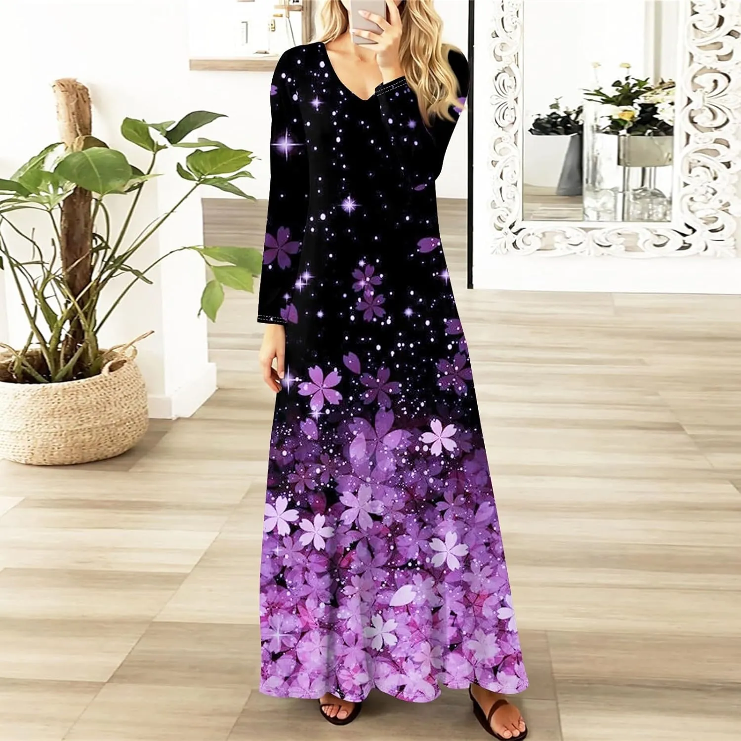 ZEFOTIM Womens Long Sleeve Dresses Floral Dress Plus Size Summer Dresses Maxi Dress V Neck Dresses Plus Size Spring Dresses