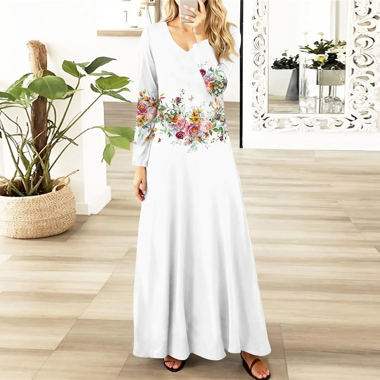 ZEFOTIM Womens Long Sleeve Dresses Floral Dress Plus Size Summer Dresses Maxi Dress V Neck Dresses Plus Size Spring Dresses