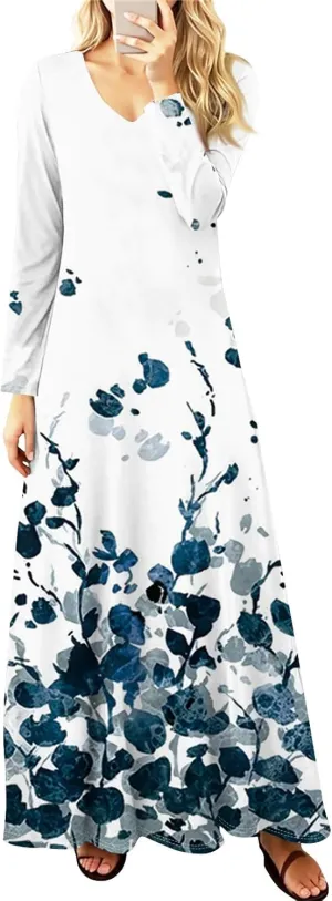 ZEFOTIM Womens Long Sleeve Dresses Floral Dress Plus Size Summer Dresses Maxi Dress V Neck Dresses Plus Size Spring Dresses