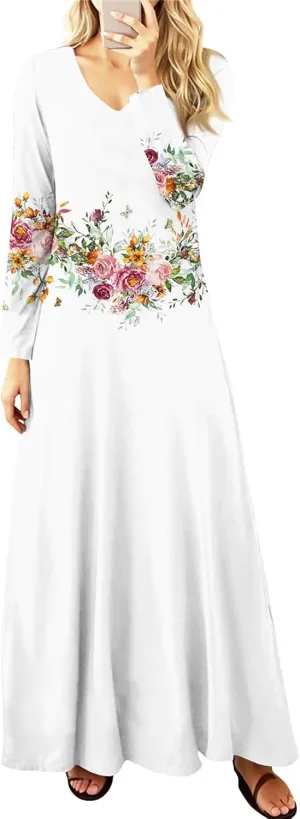 ZEFOTIM Womens Long Sleeve Dresses Floral Dress Plus Size Summer Dresses Maxi Dress V Neck Dresses Plus Size Spring Dresses
