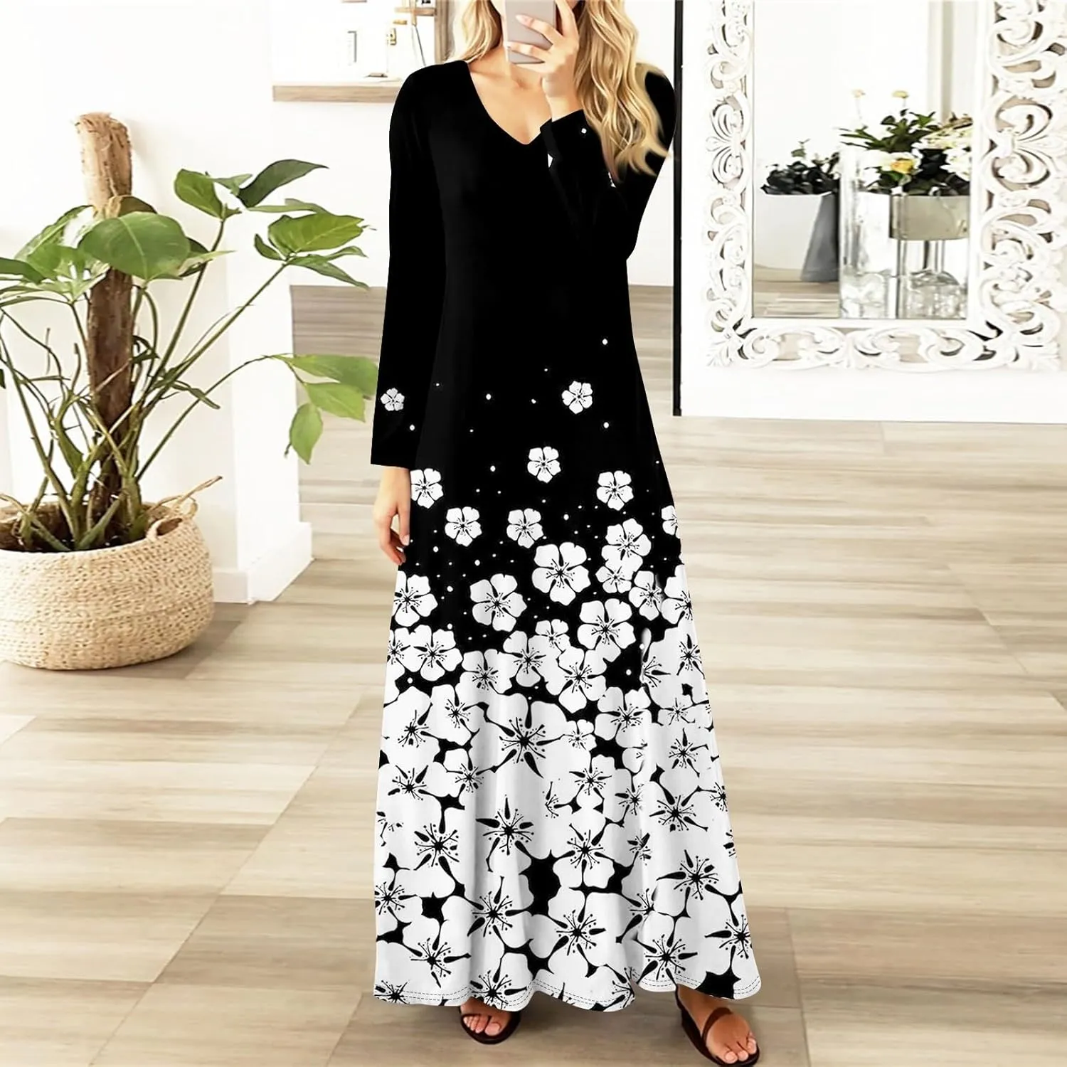 ZEFOTIM Womens Long Sleeve Dresses Floral Dress Plus Size Summer Dresses Maxi Dress V Neck Dresses Plus Size Spring Dresses