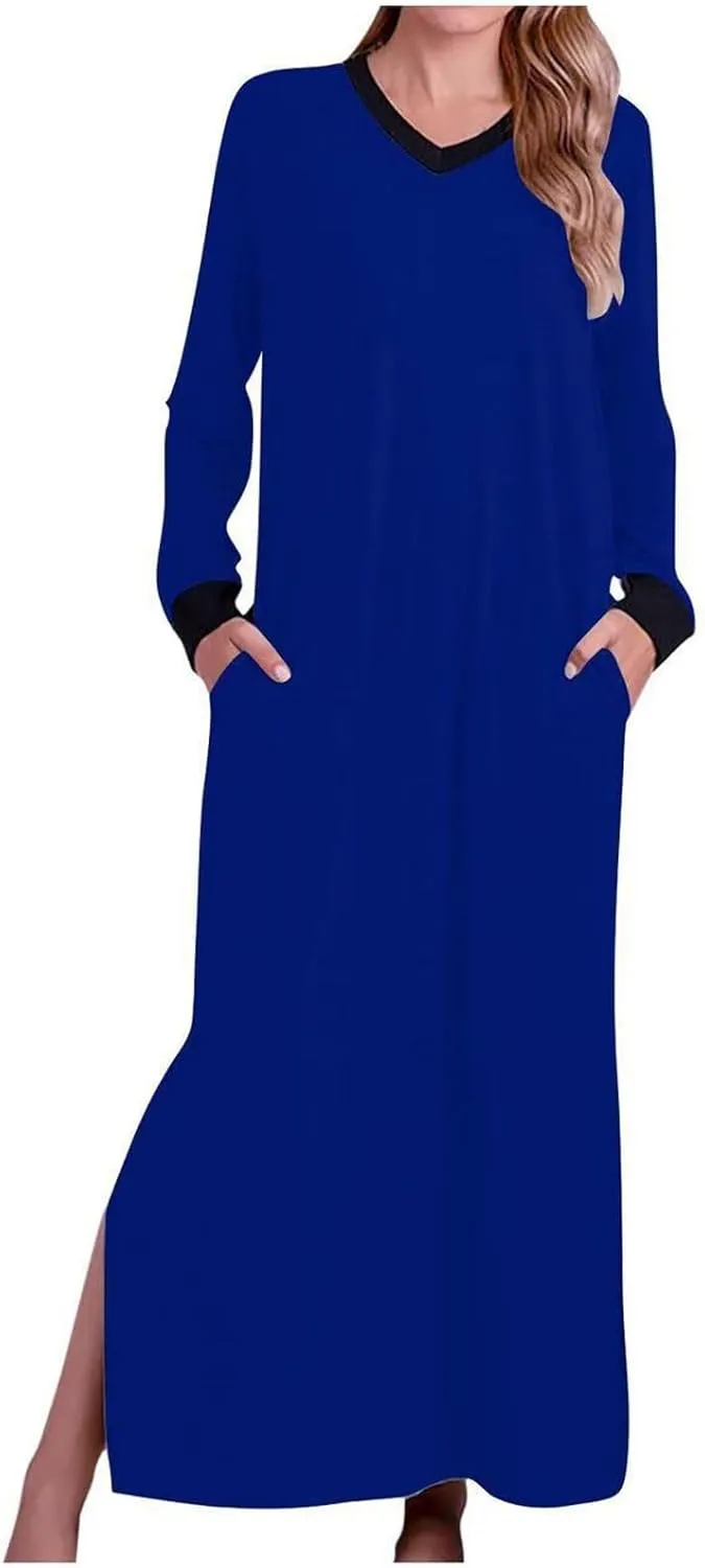 ZEFOTIM Womens Long Sleeve Dresses Solid Color Dress Spring Summer Dress Maxi Dresses V Neck Dresses Womens Spring Dresses