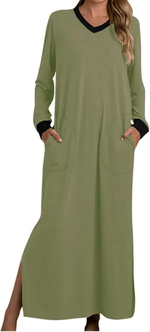 ZEFOTIM Womens Long Sleeve Dresses Solid Color Dress Spring Summer Dress Maxi Dresses V Neck Dresses Womens Spring Dresses