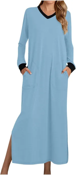 ZEFOTIM Womens Long Sleeve Dresses Solid Color Dress Spring Summer Dress Maxi Dresses V Neck Dresses Womens Spring Dresses