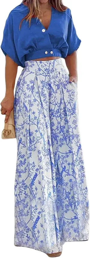 ZWRXW Summer 2 Piece Sets for Women Batwing Sleeve V Neck Crop Tops and Floral Wide Leg Pants Matching Sets Business Outfits
